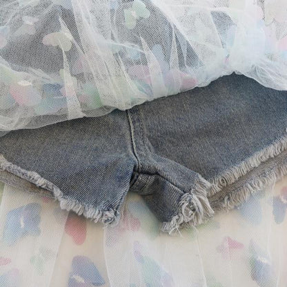 3D-Butterfly Mesh Denim Shorts