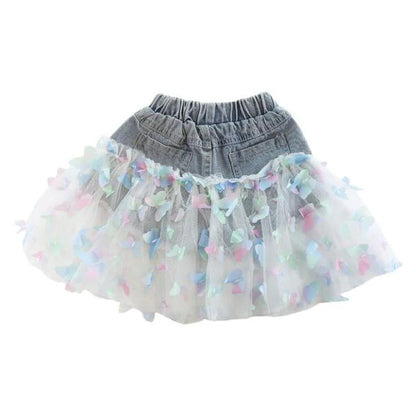 3D-Butterfly Mesh Denim Shorts