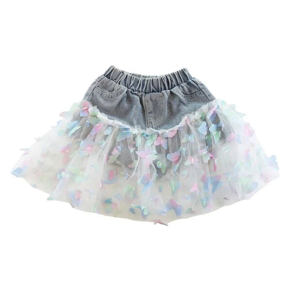 3D-Butterfly Mesh Denim Shorts